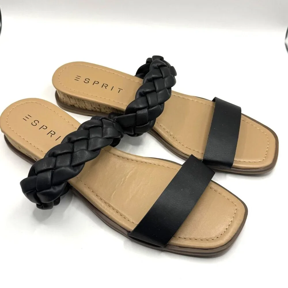 Esprit Dansel Black Double Strap Cork Wedge Slide Sandals Platform Shoes 8M NWOB